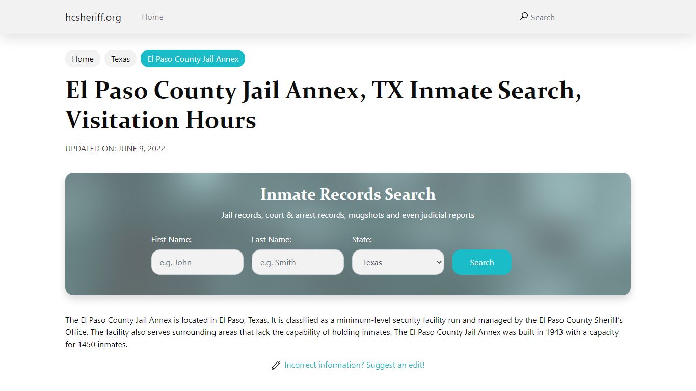 El Paso County Jail Annex, TX Inmate Search, Visitation Hours